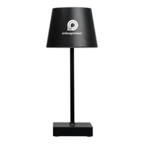 Lampe de table noire avec abat-jour et base rectangulaire.