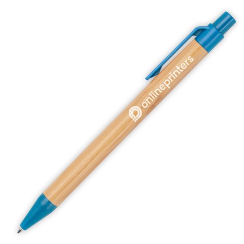 Stylo  bille en bambou bleu avec clip et mcanisme  pression.