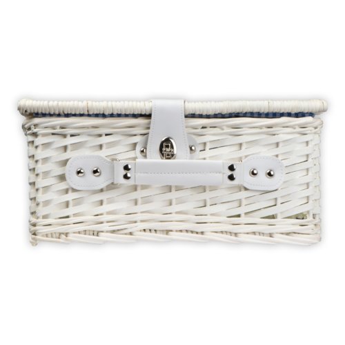Panier de pique-nique en osier blanc avec poigne et fermeture.