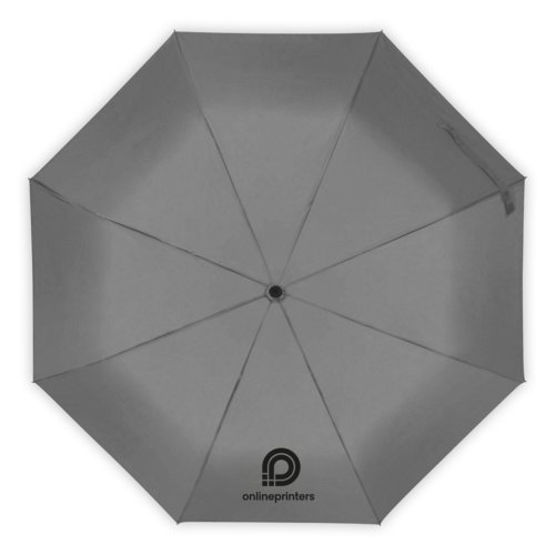 Parapluie gris avec housse et armature robuste.