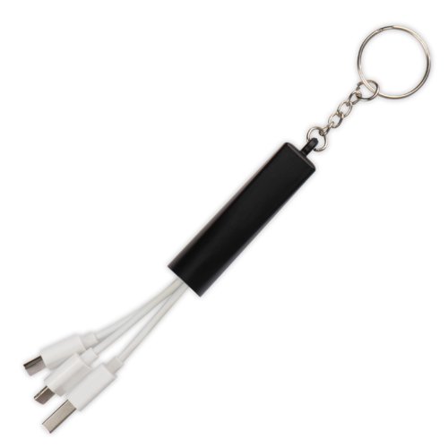 Cble de charge USB 3-en-1 noir avec porte-cls.