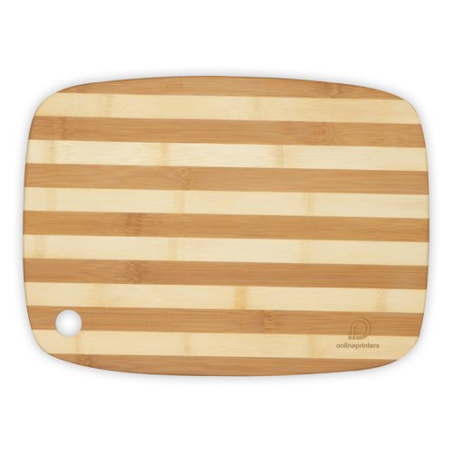 Planche  dcouper en bambou clair avec bords arrondis et trou de suspension.