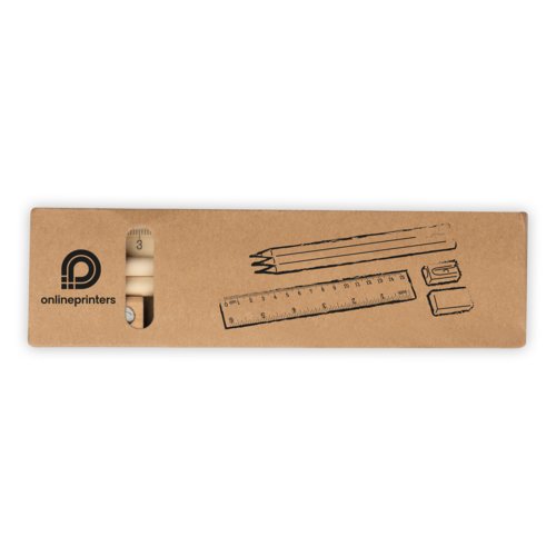 Set d'criture beige comprenant crayon, taille-crayon, gomme et rgle.
