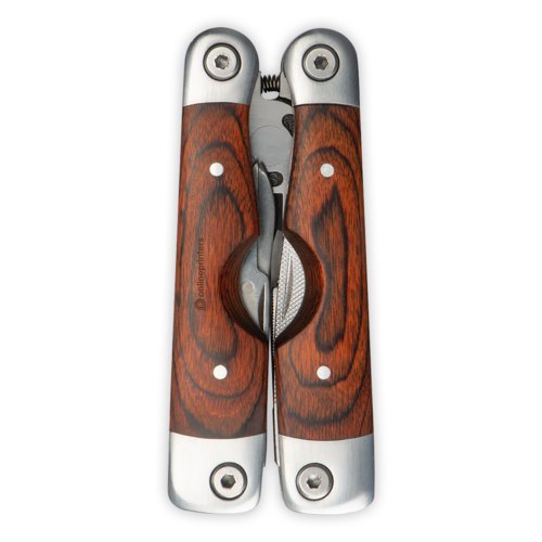 Outil multifonctionnel marron en bois et mtal avec divers outils.