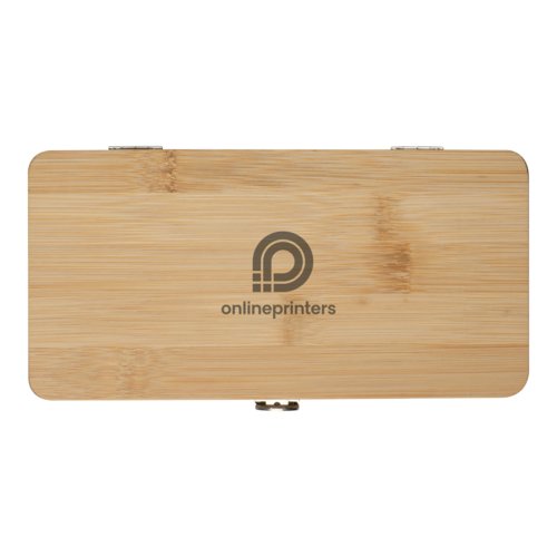 Set d'outils beige en bambou avec charnires et fermoir.
