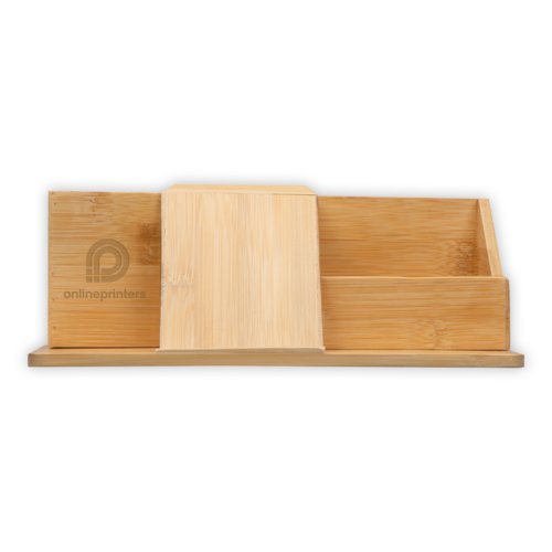 Organisateur de bureau beige en bambou avec compartiments.