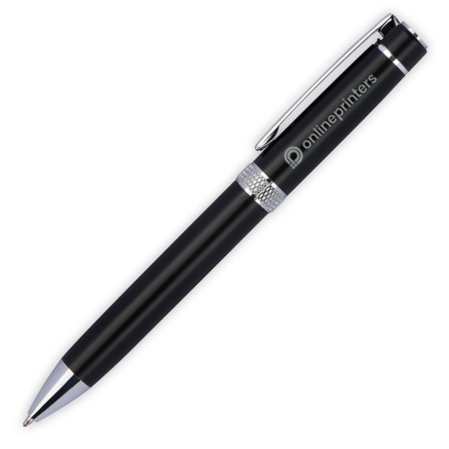 Stylo  bille en mtal noir avec clip et mcanisme de rotation.