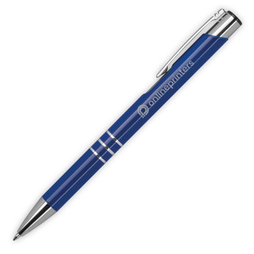 Stylo  bille en mtal bleu avec clip et mcanisme rotatif.