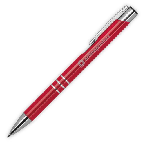 Stylo  bille en mtal rouge avec motif, clip et mcanisme  poussoir.