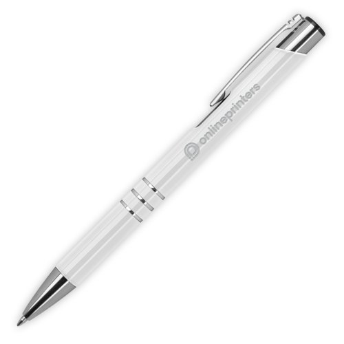 Stylo  bille en mtal blanc avec clip et bouton poussoir.