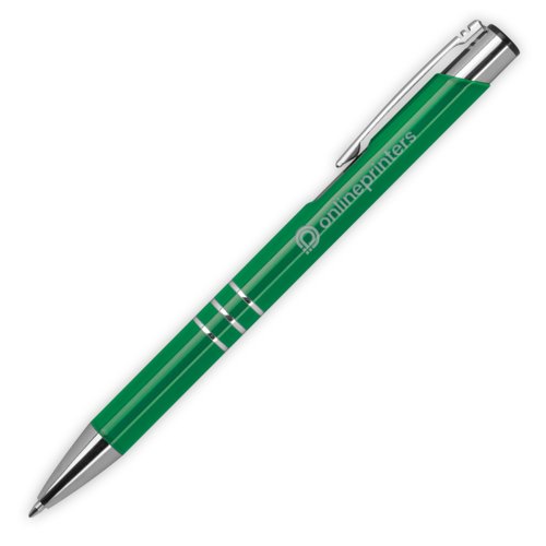 Stylo  bille en mtal vert avec clip et mcanisme  pression.