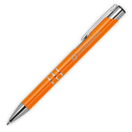 Stylo  bille en mtal orange avec motif, clip et mcanisme  pression.