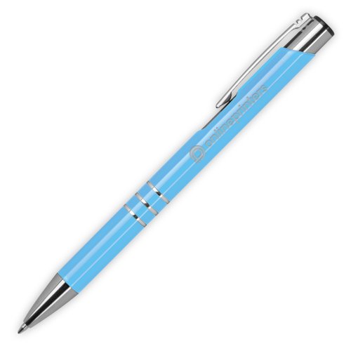 Stylo  bille en mtal bleu clair avec clip et bouton-poussoir.