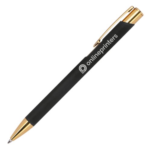 Stylo  bille en mtal noir avec des accents dors et un clip.