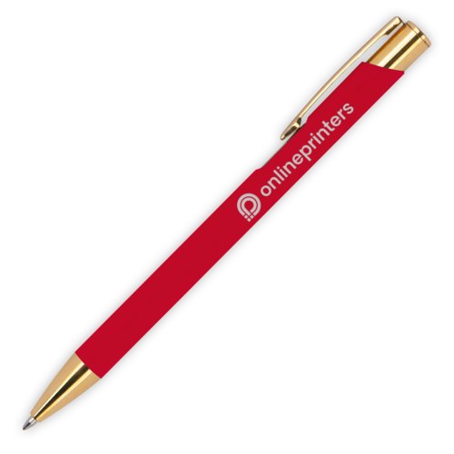 Stylo  bille en mtal rouge avec clip et mcanisme rotatif.