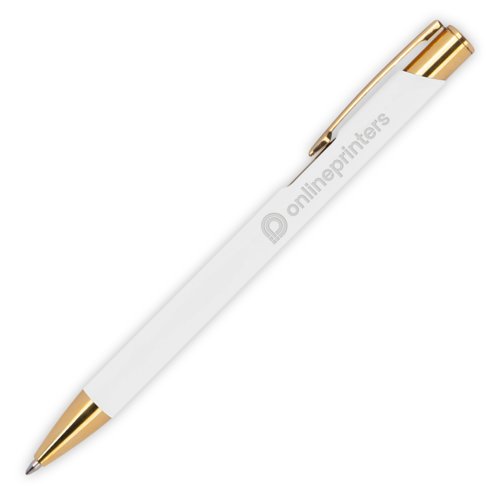 Stylo  bille en mtal blanc  motif, avec clip et mcanisme  poussoir.