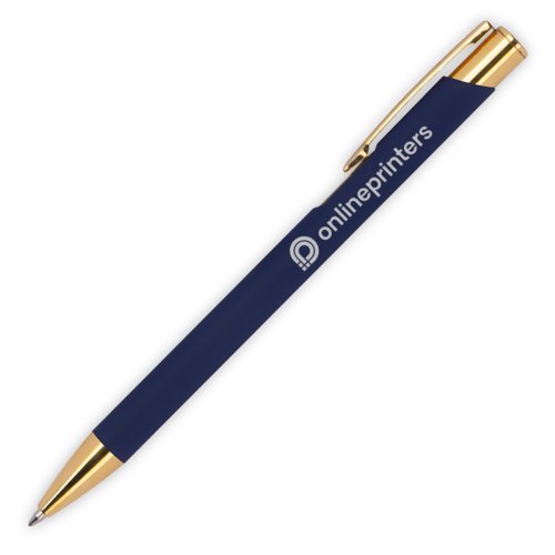 Stylo  bille en mtal bleu fonc avec motif, clip et mcanisme  poussoir.