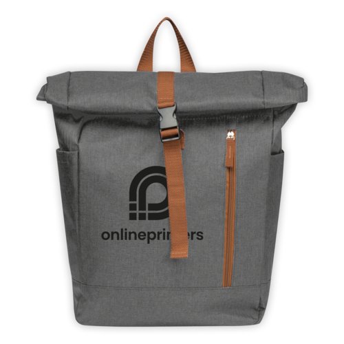 Sac  dos gris en tissu avec fermeture  enroulement, poches extrieures et poigne.