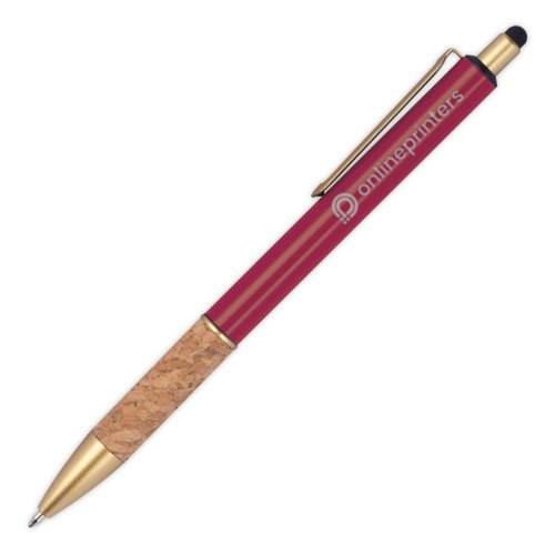 Stylo  bille en mtal bordeaux avec lment en lige et fonction stylet tactile.