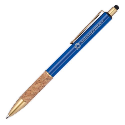 Stylo  bille en mtal bleu avec grip en lige, clip et fonction stylet tactile.