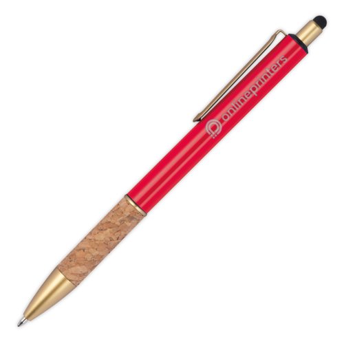 Stylo  bille en mtal rouge avec grip en lige et fonction stylet tactile.