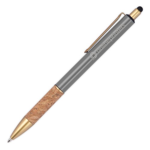 Stylo  bille en mtal gris avec grip en lige, clip et stylet tactile.