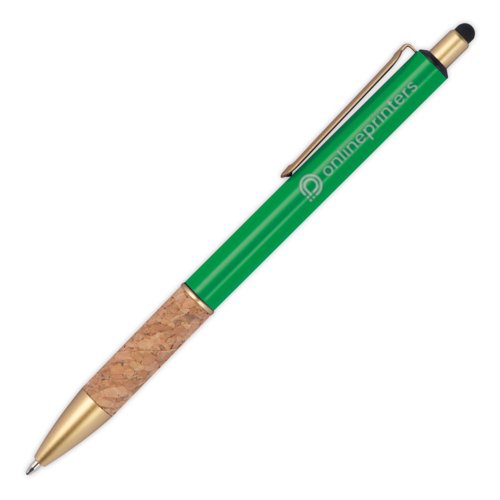 Stylo  bille en mtal vert avec grip en lige, clip et fonction stylet tactile.