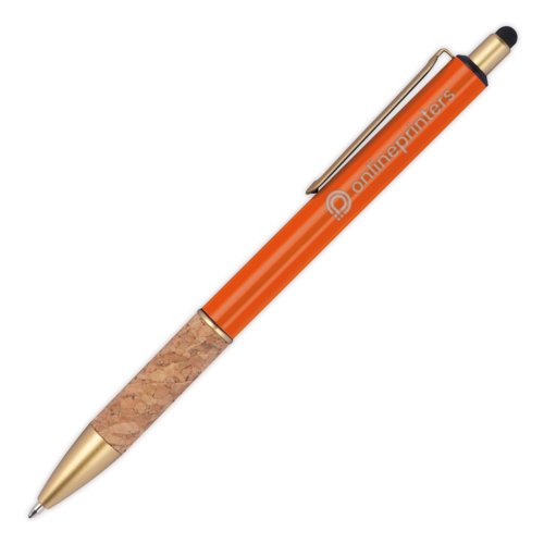 Stylo  bille orange en mtal avec dtails en lige, clip et stylet tactile.