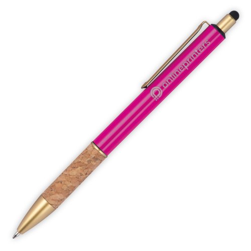 Stylo  bille rose en mtal avec des dtails en lige, un clip et une fonction de stylet tactile.