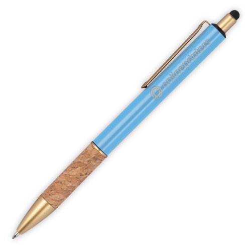 Stylo  bille en mtal bleu clair avec grip en lige et fonction stylet tactile.
