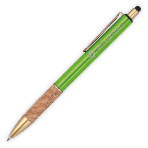 Stylo  bille en mtal vert pomme avec poigne en lige, clip et stylet tactile.