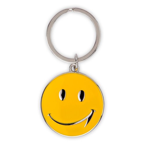 Porte-cls jaune en mtal avec pendentif rond et anneau en mtal.