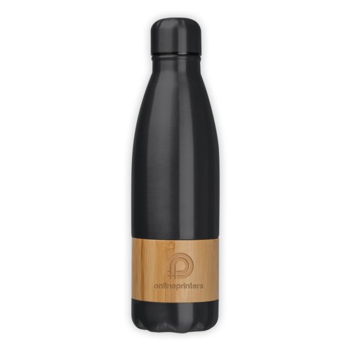 Bouteille noire en acier inoxydable avec accent en bambou.