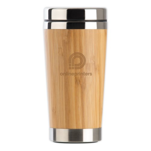 Gobelet en acier inoxydable et bambou avec couvercle.
