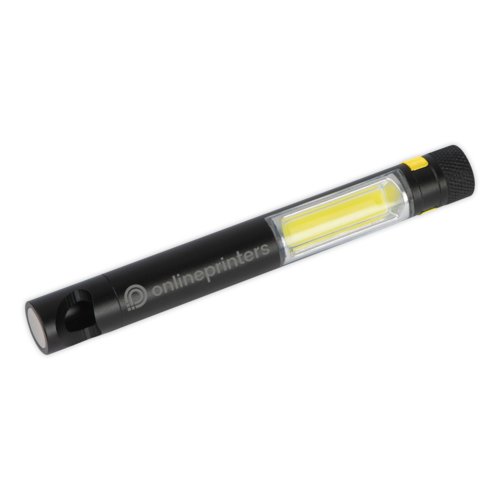 Lampe de poche COB noire en mtal avec ouvre-bouteille.