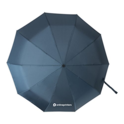 Parapluie de poche automatique bleu fonc avec housse et poigne.