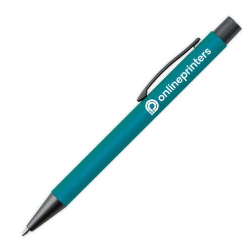 Stylo  bille turquoise en plastique avec clip et bouton poussoir.
