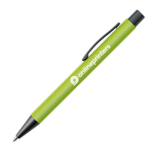 Stylo  bille en plastique vert pomme avec clip et bouton-poussoir.