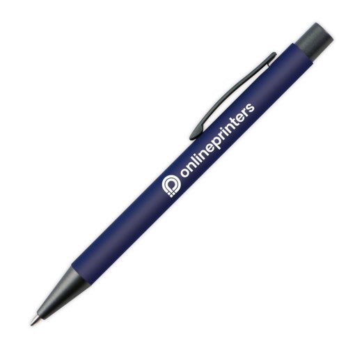 Stylo  bille en plastique bleu fonc avec motif et clip.