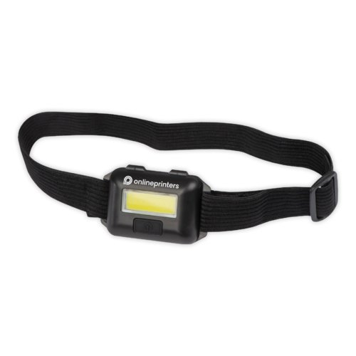 Lampe frontale noire en plastique avec sangle rglable.