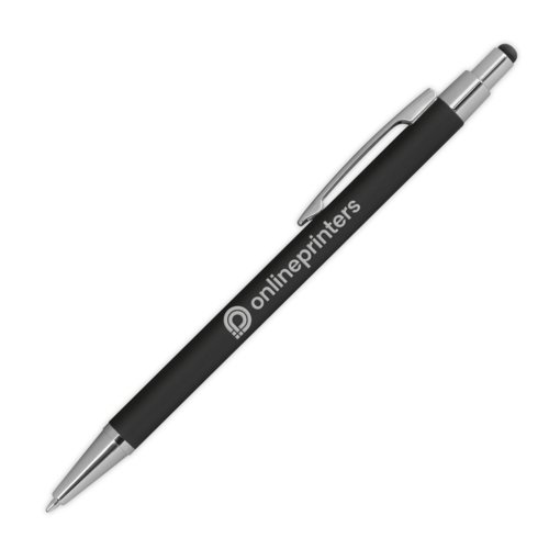 Stylo  bille en mtal noir avec fonction tactile et clip.