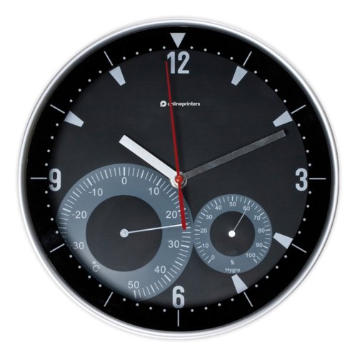 Horloge murale noire avec affichage analogique et thermo-hygromtre intgr.