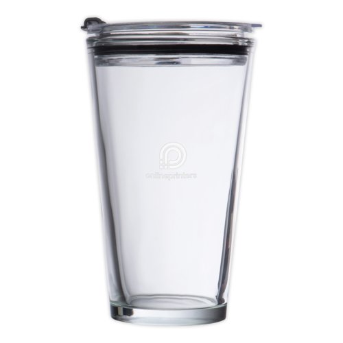 Gobelet transparent en verre avec couvercle.