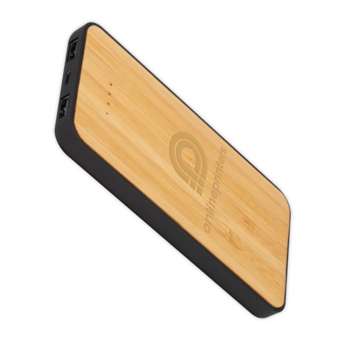 Chargeur sans fil/batterie externe beige en bambou avec ports USB.