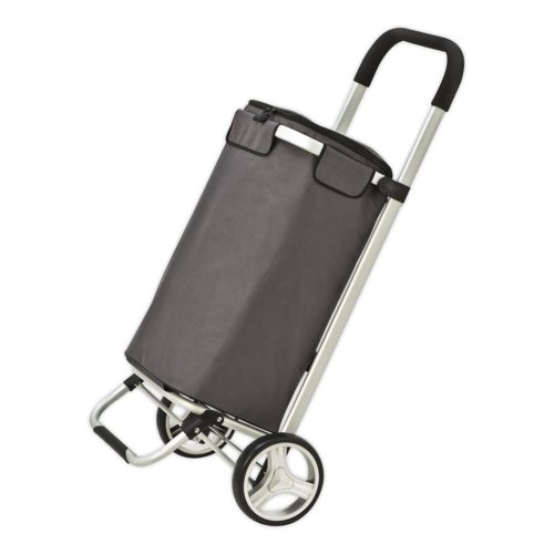 Chariot de courses gris pliable avec roues et poigne.