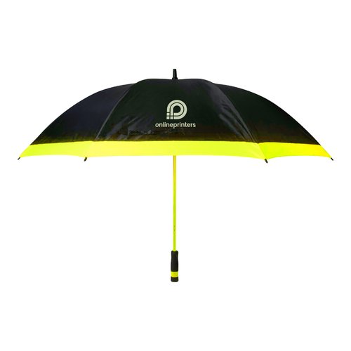 Parapluie XXL noir avec bordure jaune et mcanisme d'ouverture manuel.