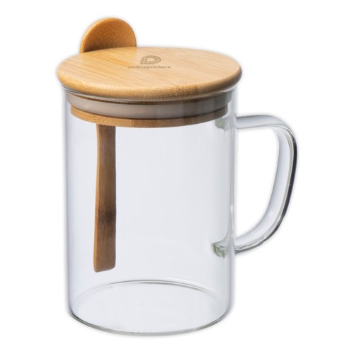 Tasse transparente en verre avec couvercle et cuillre en bambou.
