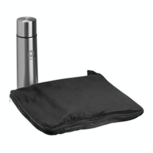 Couverture noire en polaire avec fermeture clair et thermos en mtal.