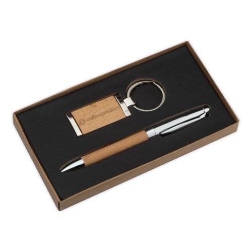 Ensemble cadeau en bois et mtal avec stylo  bille et porte-cls.