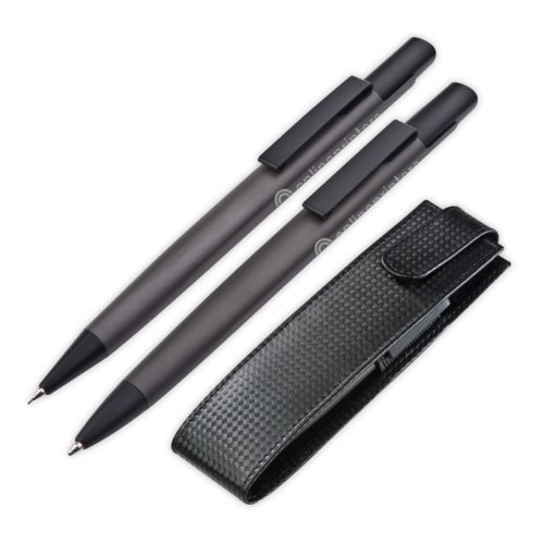 Ensemble d'criture en mtal anthracite avec stylos et tui.